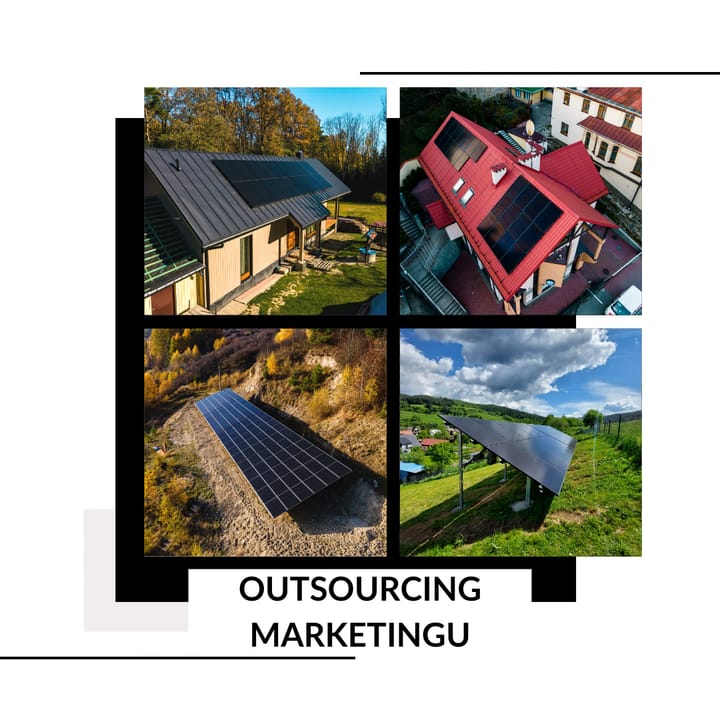 Kolaż czterech zdjęć instalacji fotowoltaicznych z podpisem „Outsourcing marketingu”