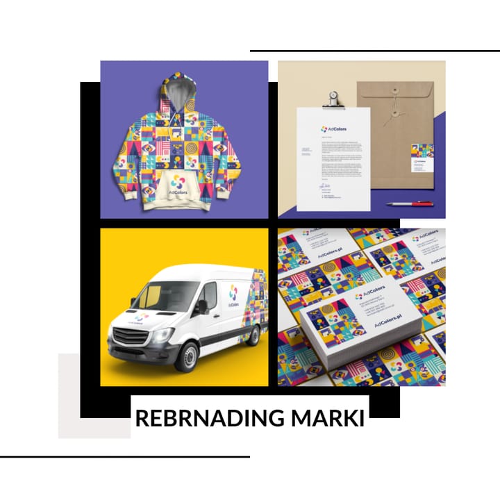 Kolaż rebrandingu AdColors: bluza z wzorem, papier firmowy, oklejony van i wizytówki